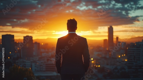 Silhouette of a Businessman at Sunset Overlooking a Cityscape