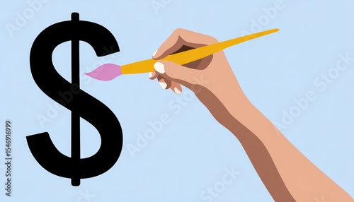 Creative financial growth concept: hand holding paintbrush painting a dollar sign