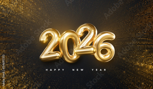 Happy New 2026 Year. Vector holiday illustration. Golden numbers on black background with shimmering glitters. Festive event banner template. Modern poster or cover design