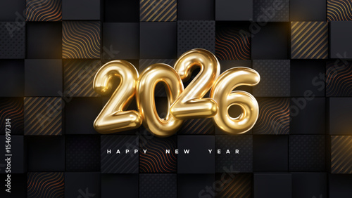 Happy New 2026 Year. Holiday vector illustration of golden metallic numbers 2026 on geometric black background. Realistic 3d sign. Festive poster or banner design