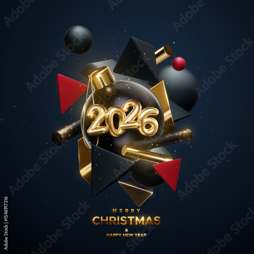 Merry Christmas and Happy New Year. Golden 2026 numbers with Christmas ball, flowing black, red and gold geometric 3d shapes. Vector holiday illustration. Winter festive poster or banner design