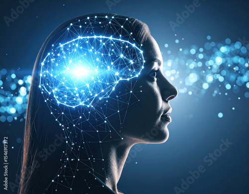 Digital representation of human head silhouette with glowing brain made of interconnected particles, set against dark backdrop, evokes sense of innovation and technology