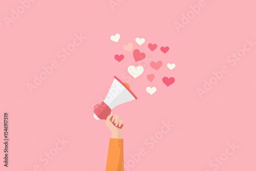 Valentine's day announcement with hand holding megaphone and flying hearts concept