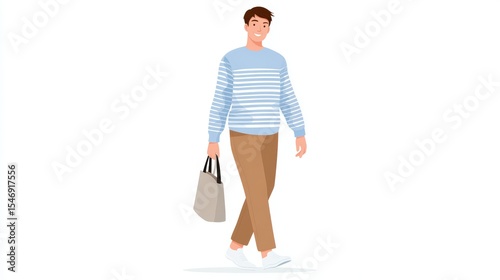 Young man in striped sweater walking with bag for fashion and lifestyle concepts