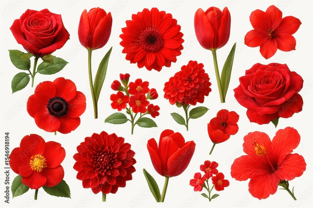 Obraz premium Beautiful red flower collection showcasing various blooms isolated on white background
