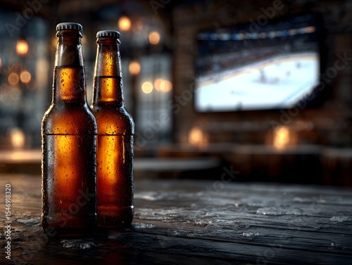 Two cold beer bottles sit on a bar top in a pub with a sports game playing on television screen behind.