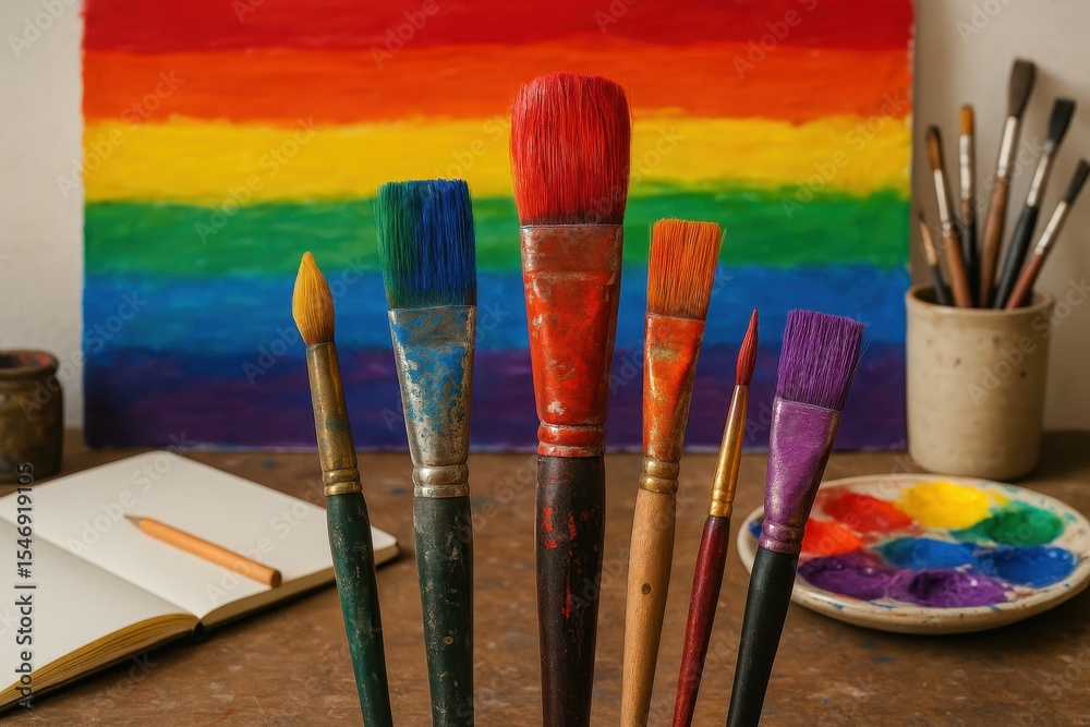Fototapeta premium Creative artist workspace with vibrant paint brushes and colorful palette on canvas background