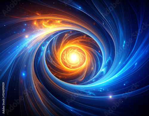 Mesmerizing cosmic spiral showcases vibrant blue and orange energy swirling around radiant core, evoking sense of wonder and exploration in depths of universe