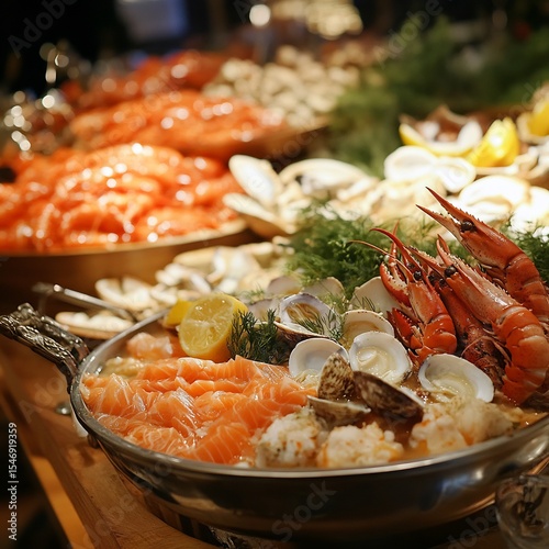 Low angle shot of a sustainable seafood display with New England clam chowder, Norwegian smoked salm photo