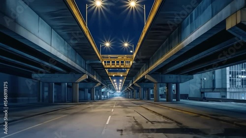 Symmetrical night view of an empty urban underpass lit by bright streetlights, emphasizing modern architecture and solitude