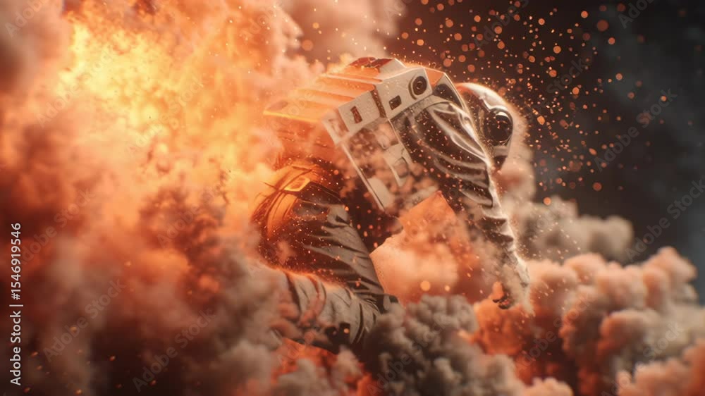 Spacesuited astronaut navigating dramatic survival scene, breaking free from fiery explosion with intense smoke billowing through dark cosmic environment