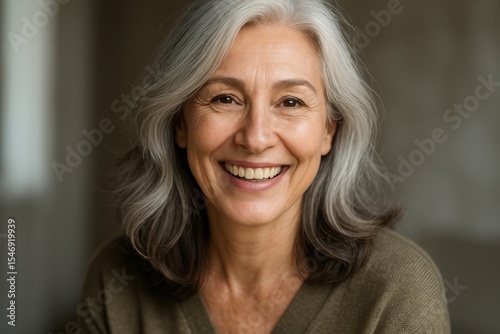 Elegant mature woman with silver hair radiating confidence and natural beauty in soft natural lighting