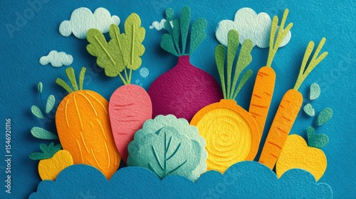 Vibrant paper cut out vegetables artwork for kitchen decor or greeting card design