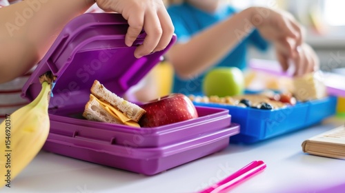 Child Opening Lunchbox with Sandwich and Apple