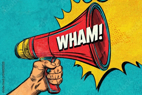 Pop art comic book style explosive megaphone illustration with bold wham text