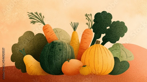 Vibrant vegetable composition on warm terracotta background for culinary art and decoration