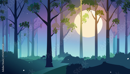 Fantasy forest at night with the moonlight. A dreamy and magical forest with and moonlight