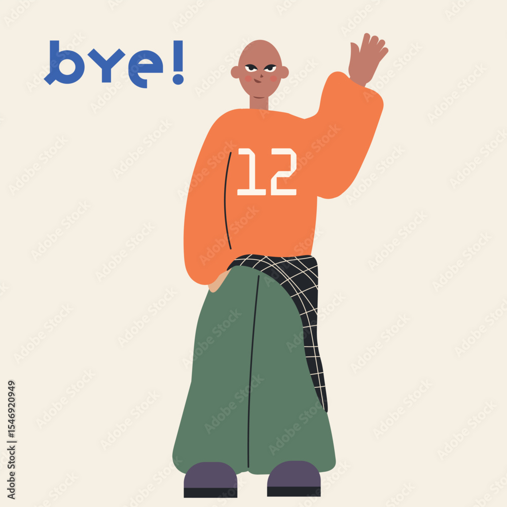 Obraz premium Waving character in bright clothes. Cheerful and warm goodbye vibe.
