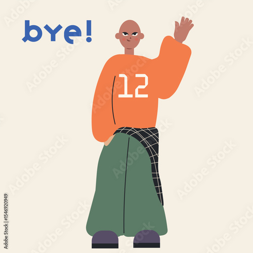Waving character in bright clothes. Cheerful and warm goodbye vibe.