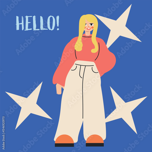Smiling blonde character in wide pants and coral sweater with exclamation mark. Energetic and playful tone.