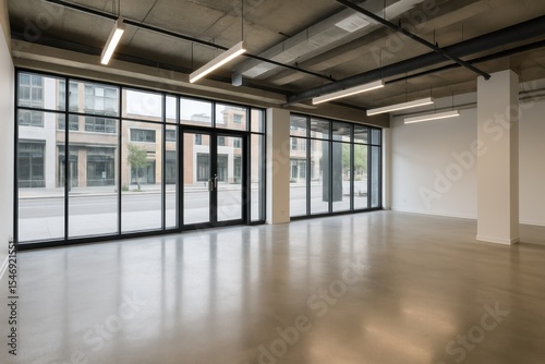 Modern empty retail storefront with large glass windows and clean minimalist interior design