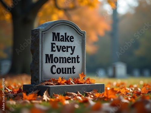 Motivational inscription on a tombstone in an autumnal cemetery.