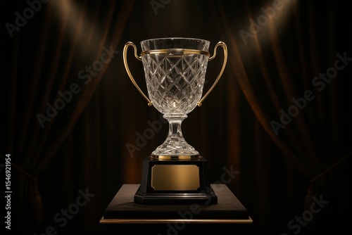 Prestigious crystal championship trophy with golden accents on elegant presentation podium