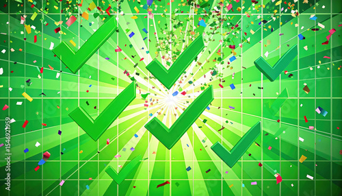 Vibrant green background with large check marks and colorful confetti creating festive atmosphere, symbolizing success and celebration. joyful scene filled with energy and positivity