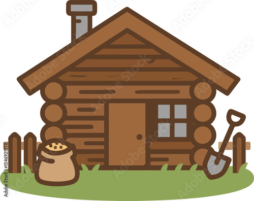 Rustic Wooden Log Cabin with Farm Sack and Shovel – Vector Illustration of a Traditional Farmhouse