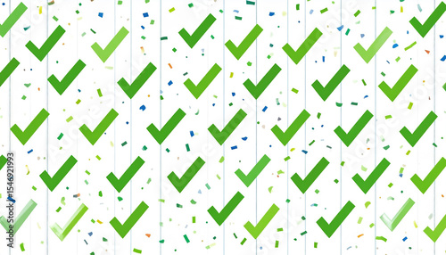 Vibrant checklist panel features symphony of green check icons, celebrating success with colorful confetti scattered throughout, creating joyful atmosphere