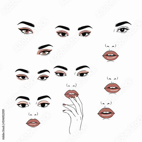 Face parts elements, eyes and lips collection