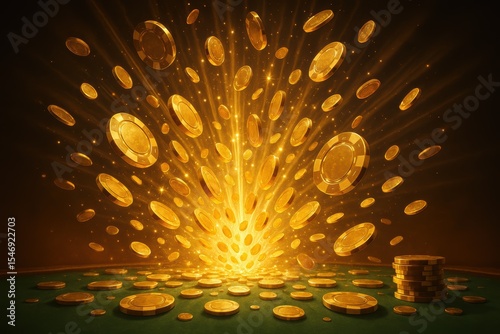 Spectacular jackpot moment with golden casino chips and coins erupting in brilliant light burst celebration