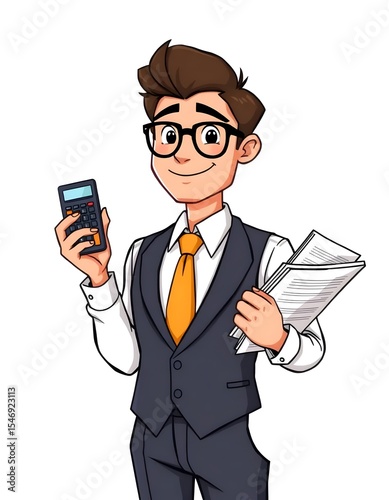 A Cartoon Businessman Holding Calculator and Documents,  Professional Business Illustration,  Financial Expert Character Design