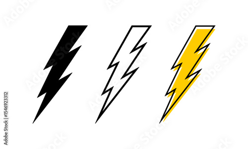 Set of bolt icons. Thunderstorm signs isolated on white background. Flashlight, energy, power or danger symbols. Battery charge pictograms. Cartoon angry or shock effect. Vector graphic illustration.