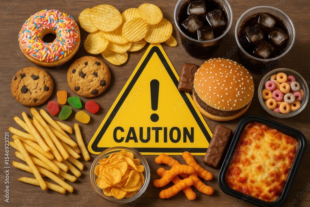 Fototapeta Assortment of colorful processed junk foods creating unhealthy dietary warning display