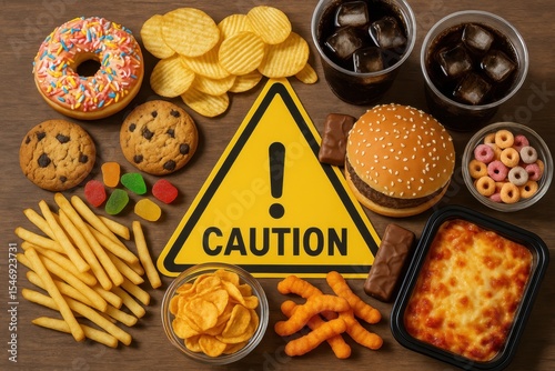 Assortment of colorful processed junk foods creating unhealthy dietary warning display