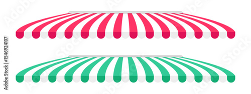 Set of shop awnings. Striped grocery store canopies. Market tents isolated on white background. Cafe sunshades. Kiosk umbrellas. Carnival stand parasoles. Vector flat illustration.