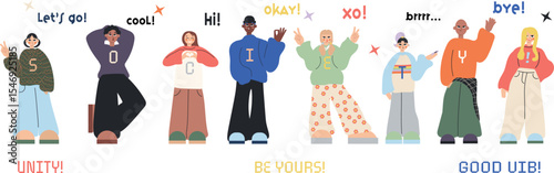 Diverse illustrated characters forming the word “SOCIETY!” with letters on their sweaters. Colorful, modern, inclusive design. Perfect for youth, community, and social awareness themes.