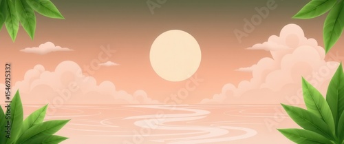 Serene Sunset Seascape with Lush Tropical Leaves