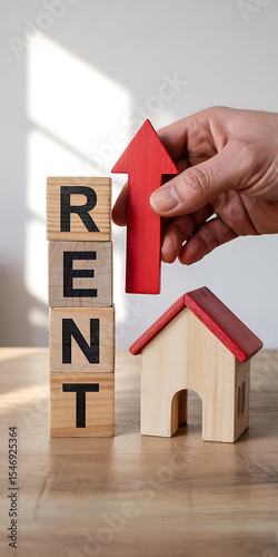 Rising Rent Costs Wooden Blocks House Model Red Arrow