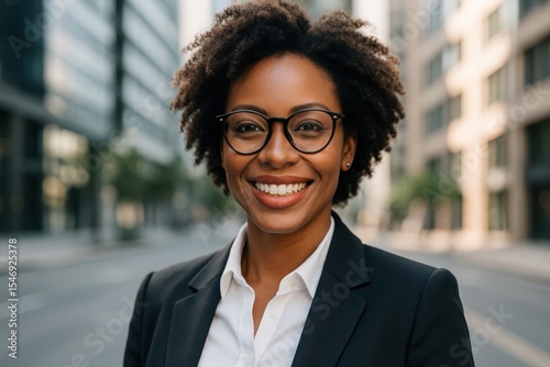 Wallpaper Mural Happy young professional woman wearing stylish eyeglasses in bright outdoor urban environment Torontodigital.ca