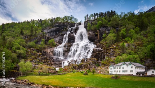 voss hordaland norway waterfall tvindefossen in spring largest and highest waterfall of norway famous natural norwegian landmark and popular destination
