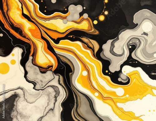 Abstract Fluid Art Painting Golden Swirls on Black and Grey