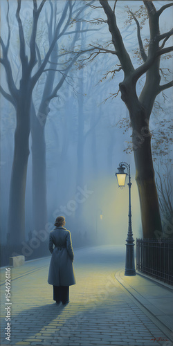 Woman in Grey Coat Walking Foggy Path Evening Light