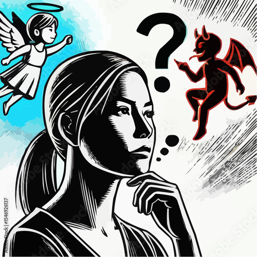 
little devil and little angel competing to convince a person 58