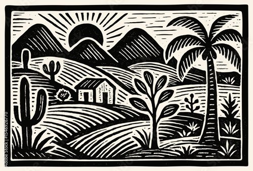 Landscape with cacti, palm, tree, mountains, house and sun. Brazilian northeast cordel vector illustration. Woodcut style. Black and white