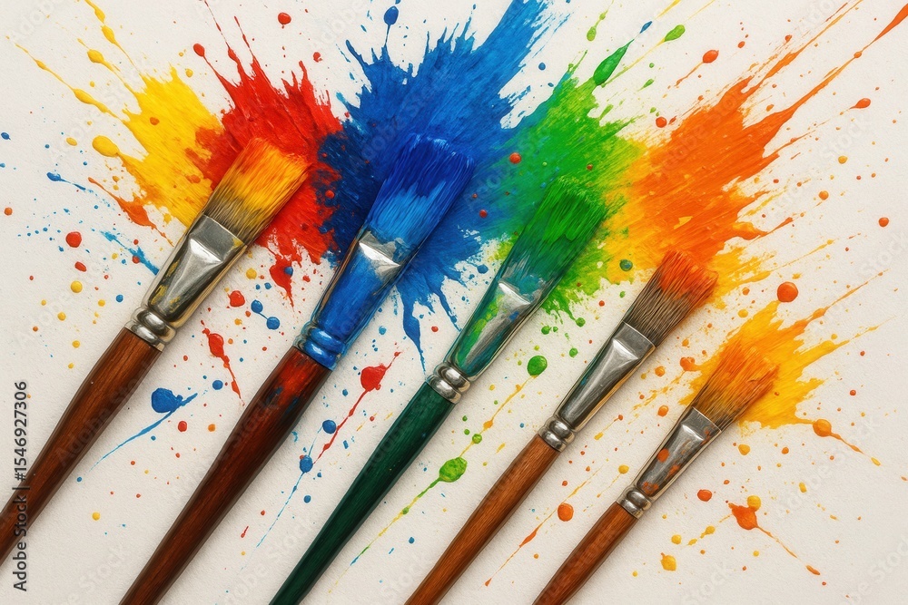 Obraz premium Artist's paintbrushes with vibrant acrylic colors creating abstract splashes on canvas