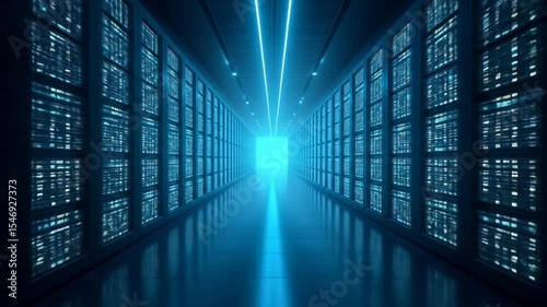 Walking Through a Futuristic Server Room with Glowing Blue Lights Slow Motion