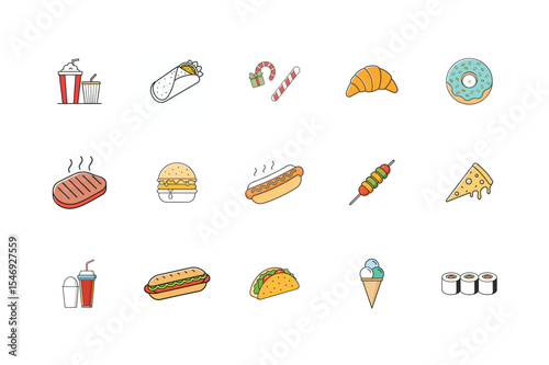 Culinary Delights: An assortment of food icons representing culinary treats, perfect for menus, food blogs, or any project celebrating gastronomy.