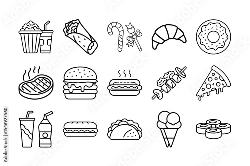 Assortment of Food Icons: A delightful array of simple line art icons representing an assortment of popular food items, perfect for culinary-themed designs. 